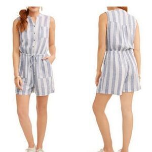 Blue and White Striped Romper Collared Neckline